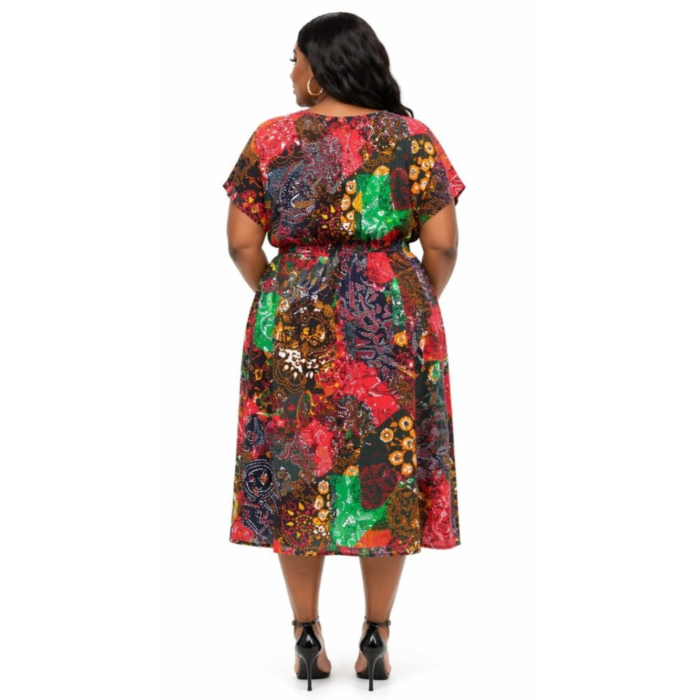 Womens Multicolor Patchwork Print Midi Dress with  Drawstring Waist
