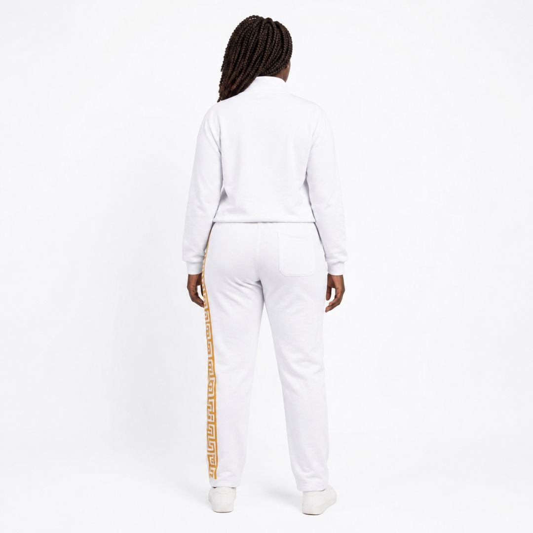 White ZipUp Sweatshirt and Trouser Set with Contrast Stripe Detail