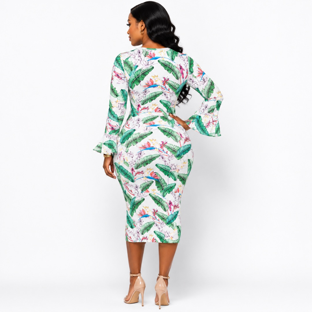 Tropical Foliage and Bird Print Long Sleeve Bodycon Dress