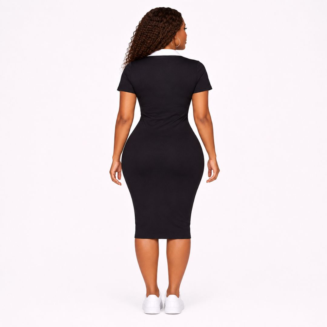 Black & White Button Front Bodycon Midi Dress