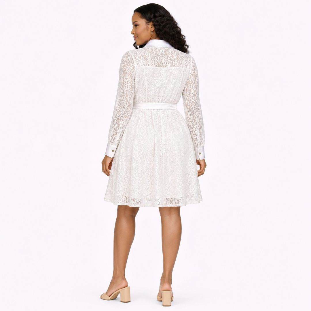 White Floral Lace Shirt Dress with Satin Waist Tie