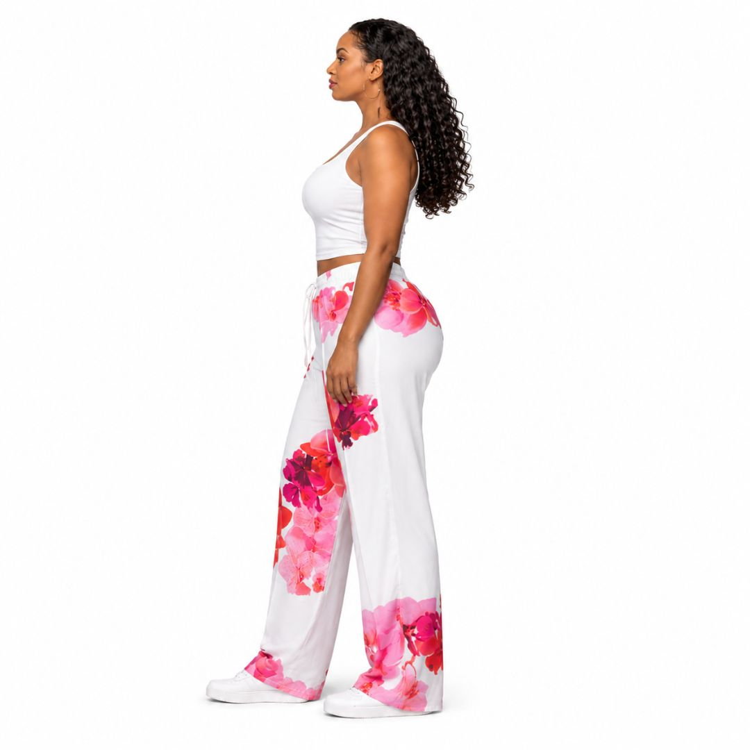 White and Pink Floral Wide Leg Pants for Women