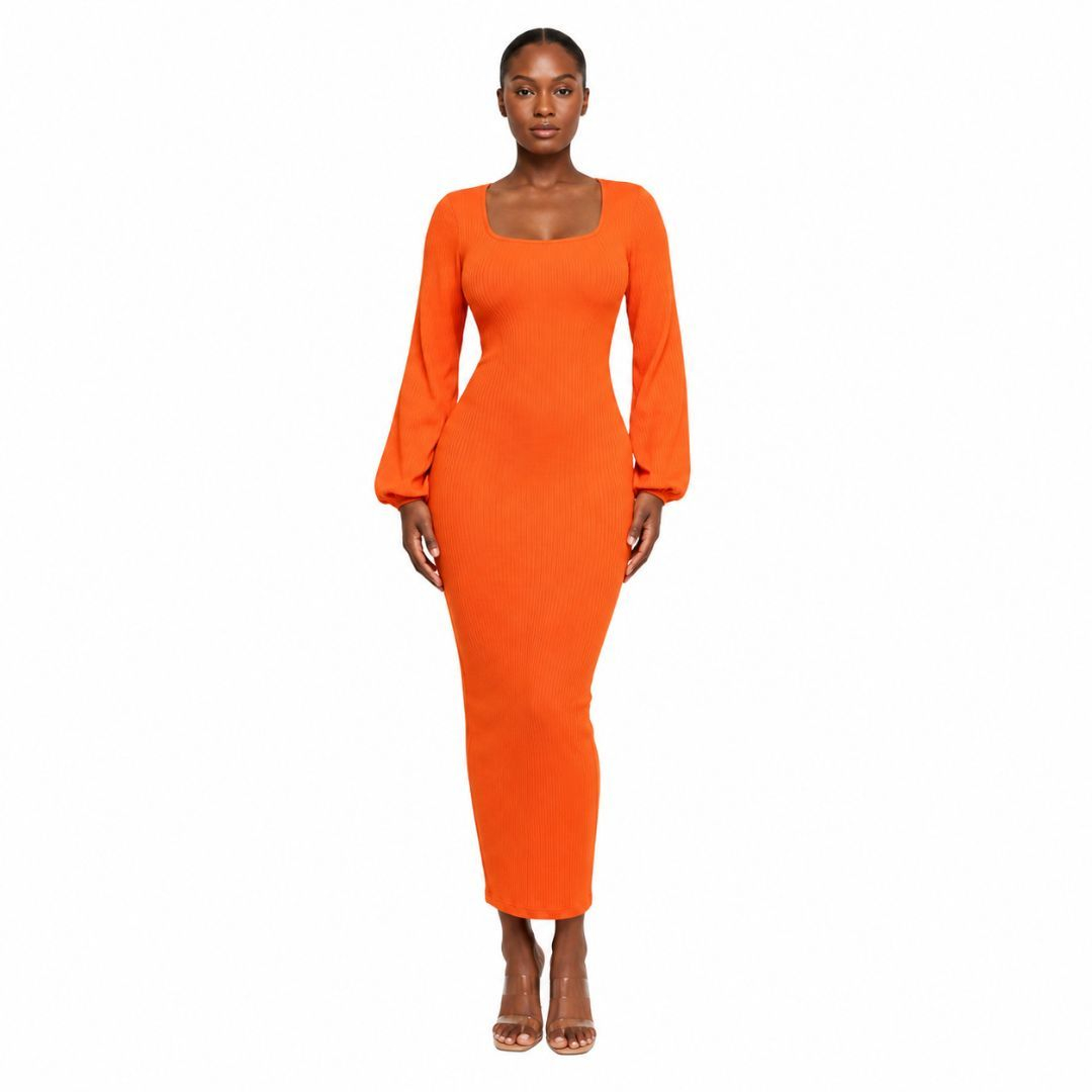 Ribbed Long Sleeve Scoop Neck Bodycon Maxi Dress