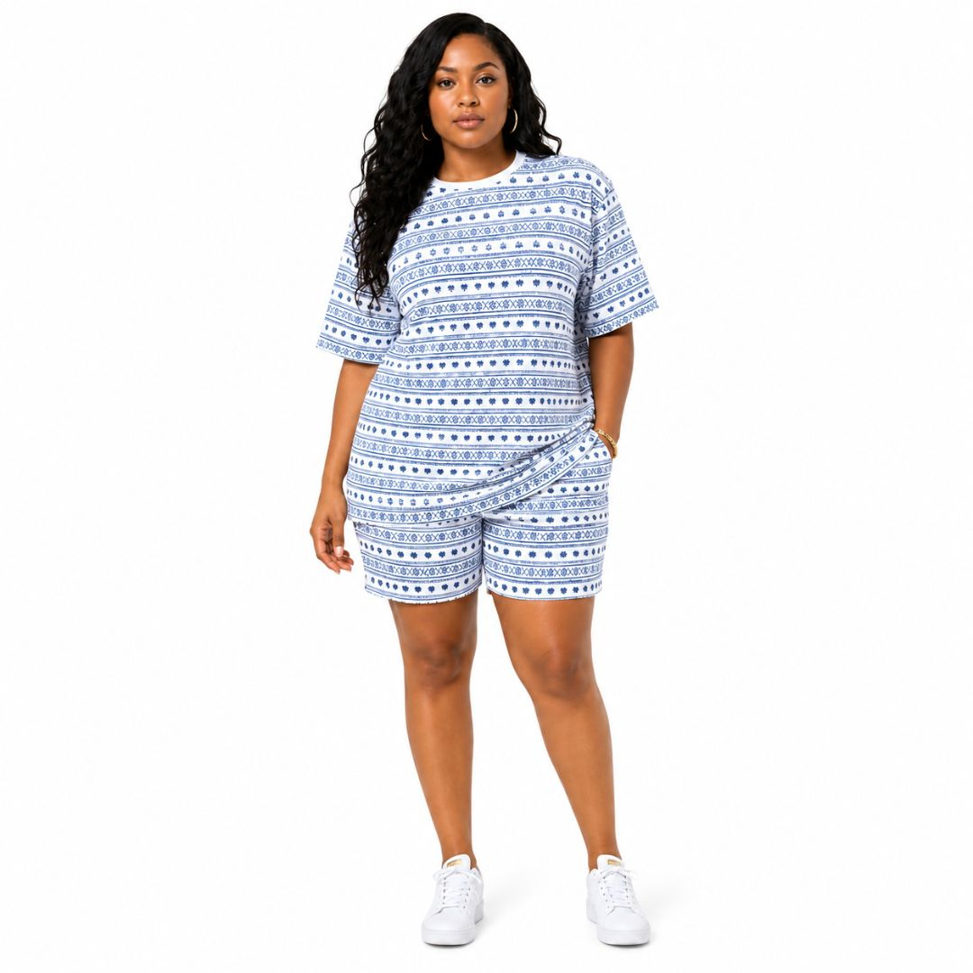 White and Blue Heart Pattern Casual T Shirt and Shorts Set