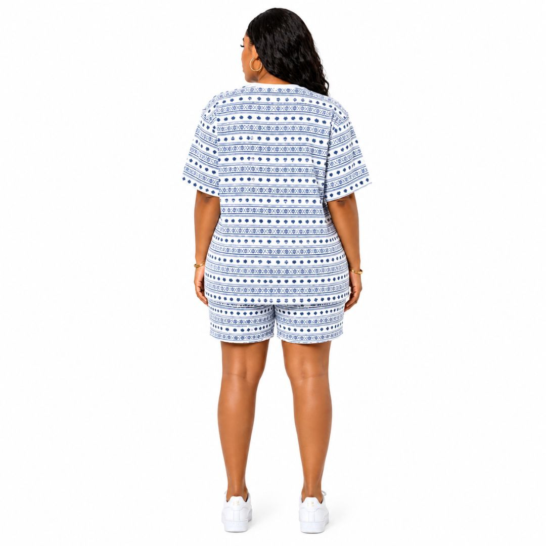 White and Blue Heart Pattern Casual T Shirt and Shorts Set
