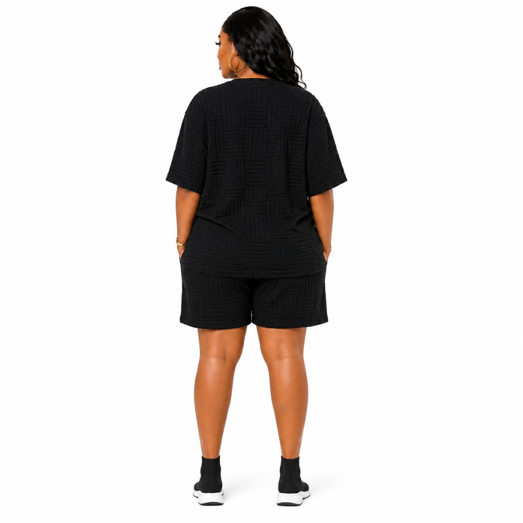 Black Smiley Face  Textured  Casual T Shirt and Shorts Set