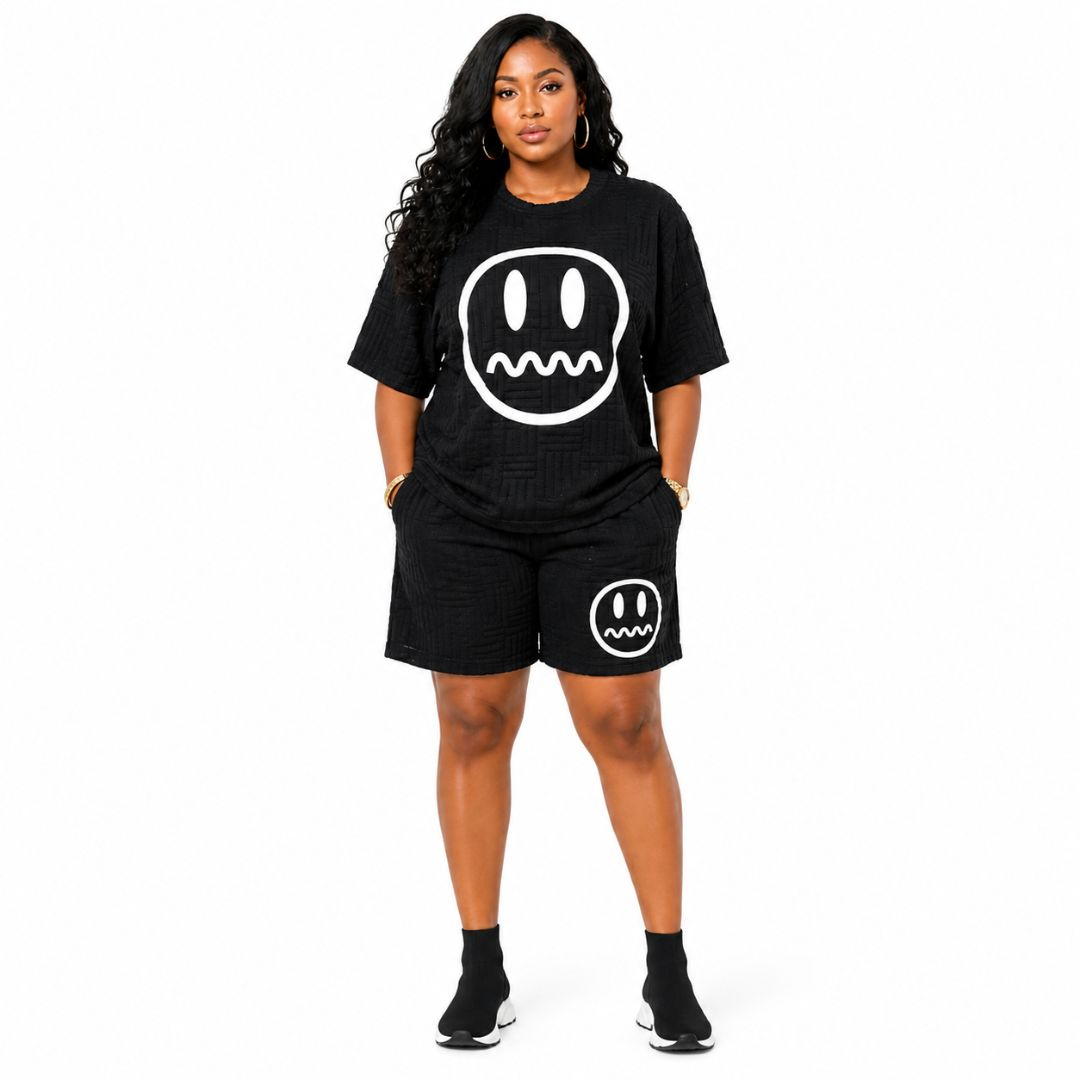 Black Smiley Face  Textured  Casual T Shirt and Shorts Set