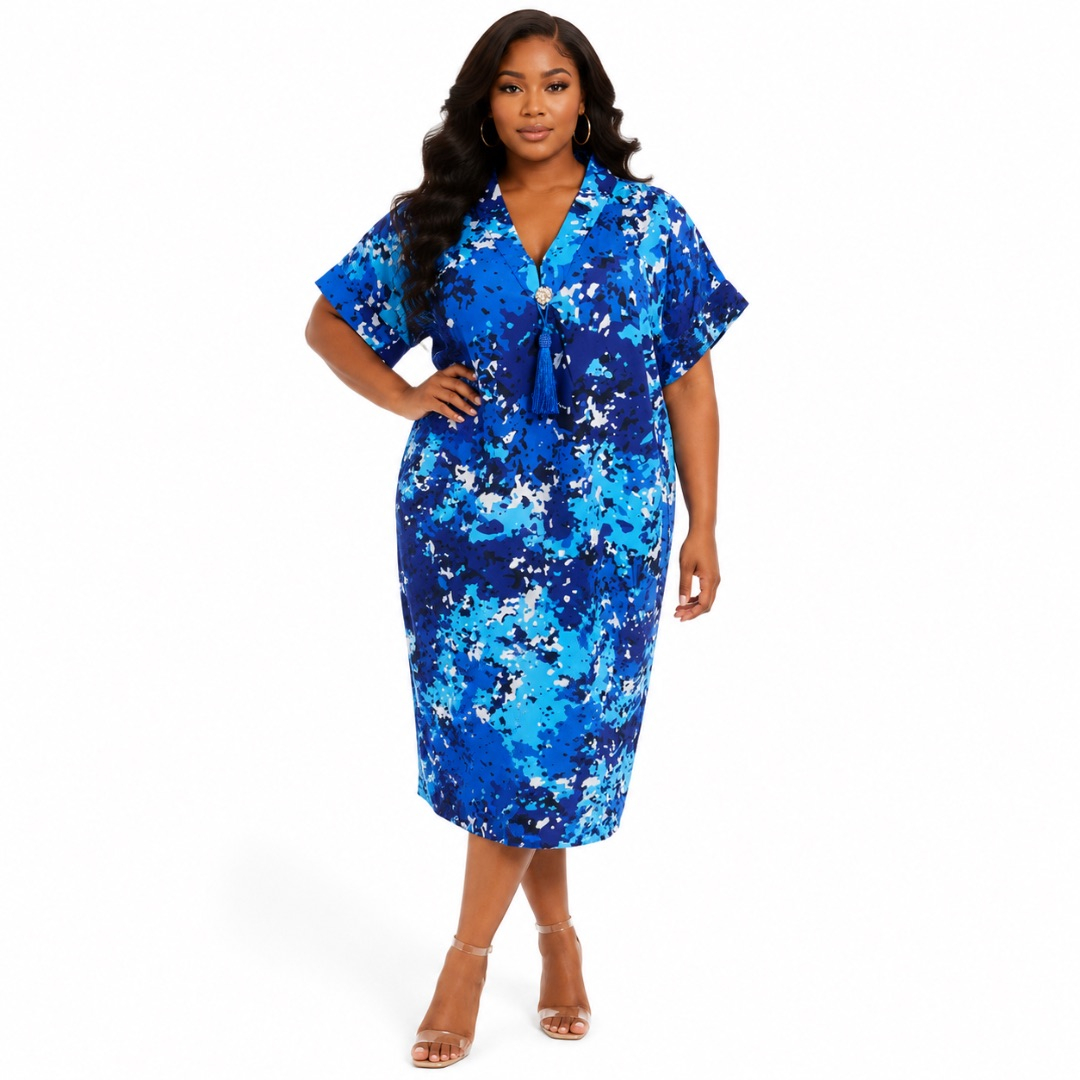 Blue Printed Womens Dress with Tassel Detail