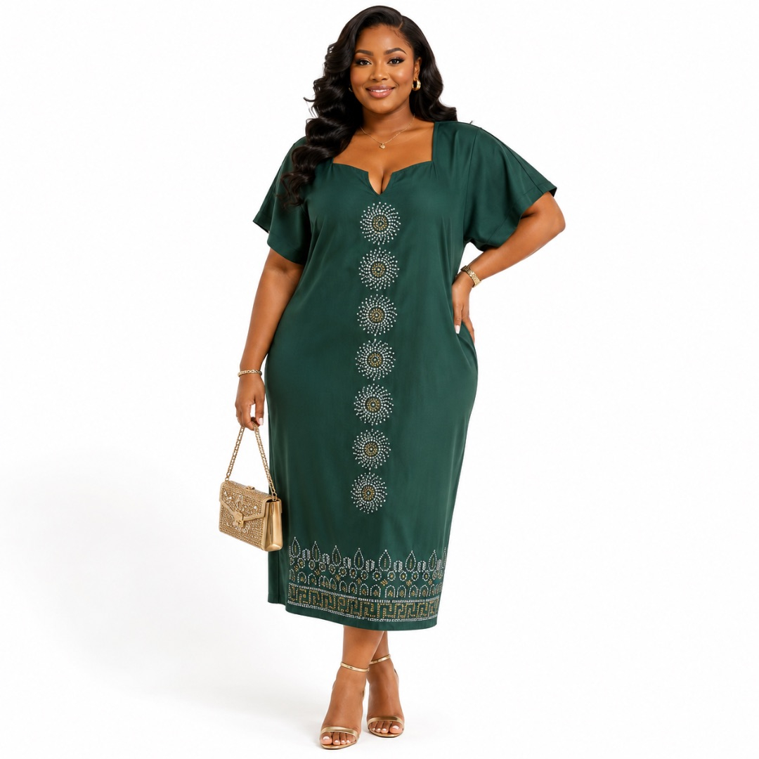 Artisanal Forest Green Studded Shift Dress