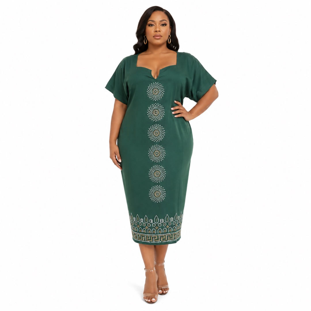 Artisanal Forest Green Studded Shift Dress