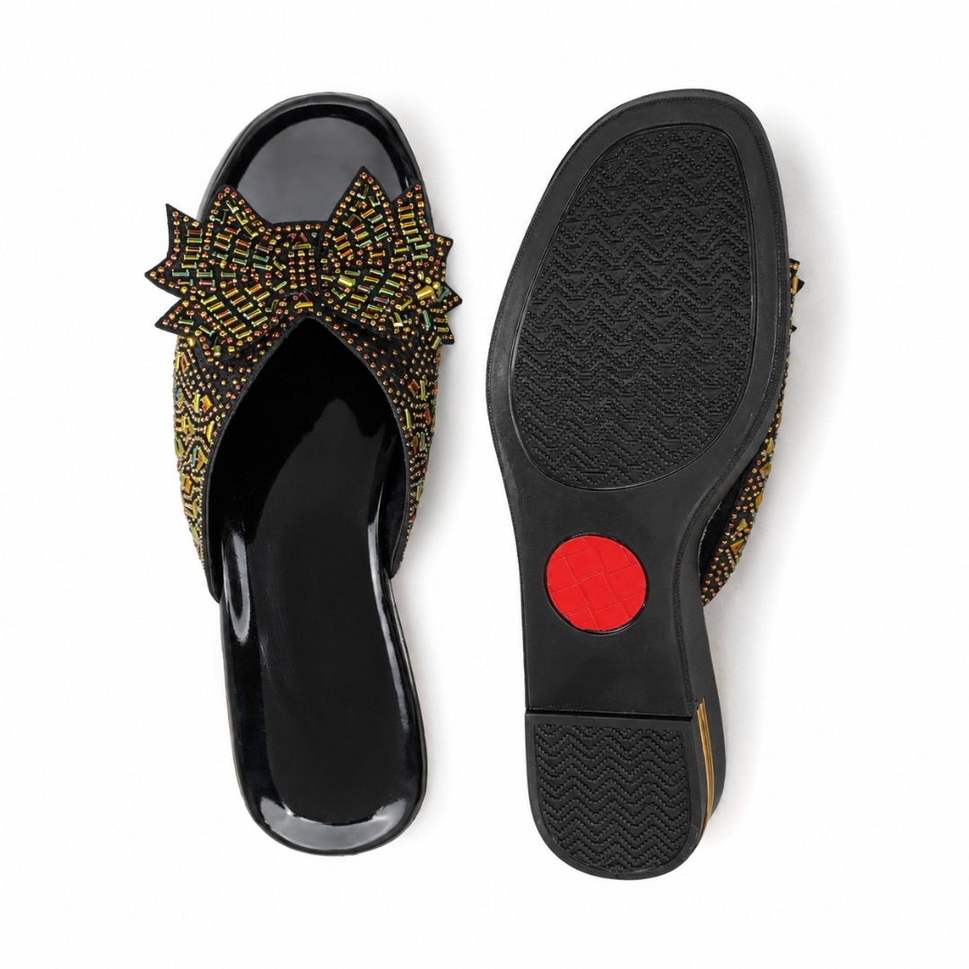 Black Patent Leather Gold and Amber Crystal Mesh Flat Slide Sandals