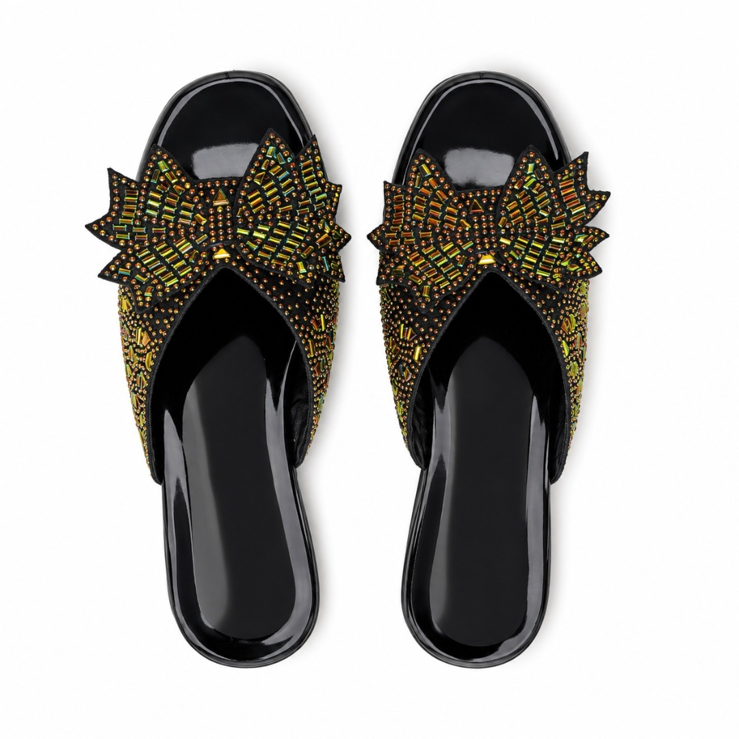 Black Patent Leather Gold and Amber Crystal Mesh Flat Slide Sandals