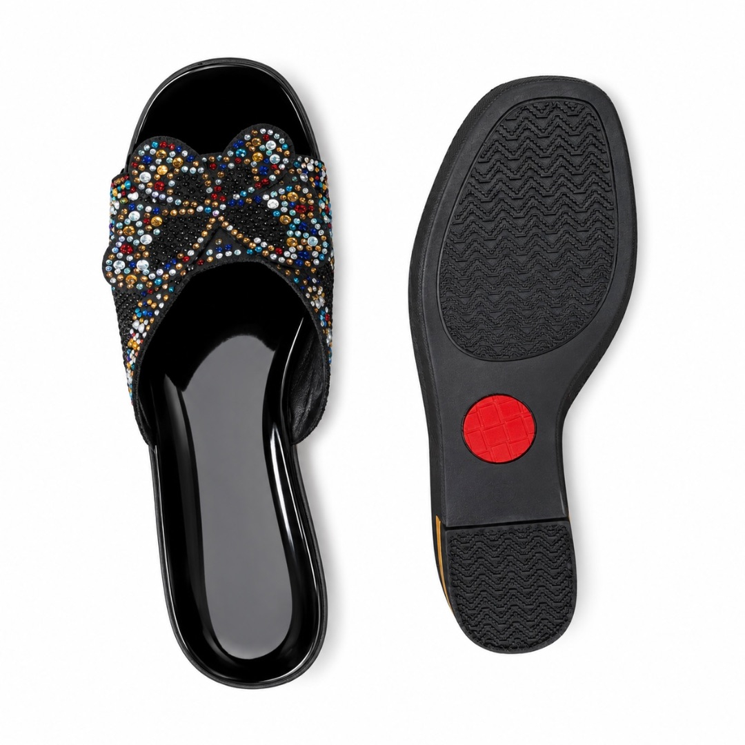 Black Patent Leather Multicolor Crystal Embellished Flat Slide Sandals