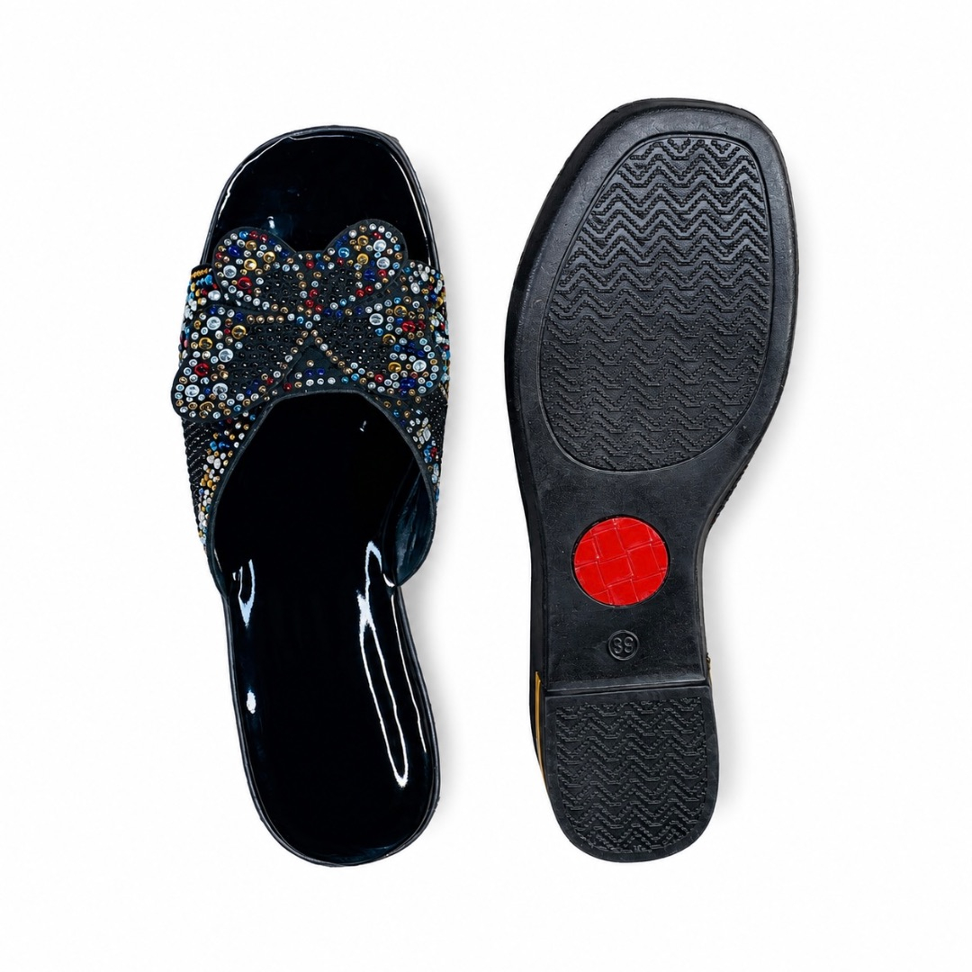 Black Patent Leather Multicolor Rhinestone Butterfly Slide Sandals
