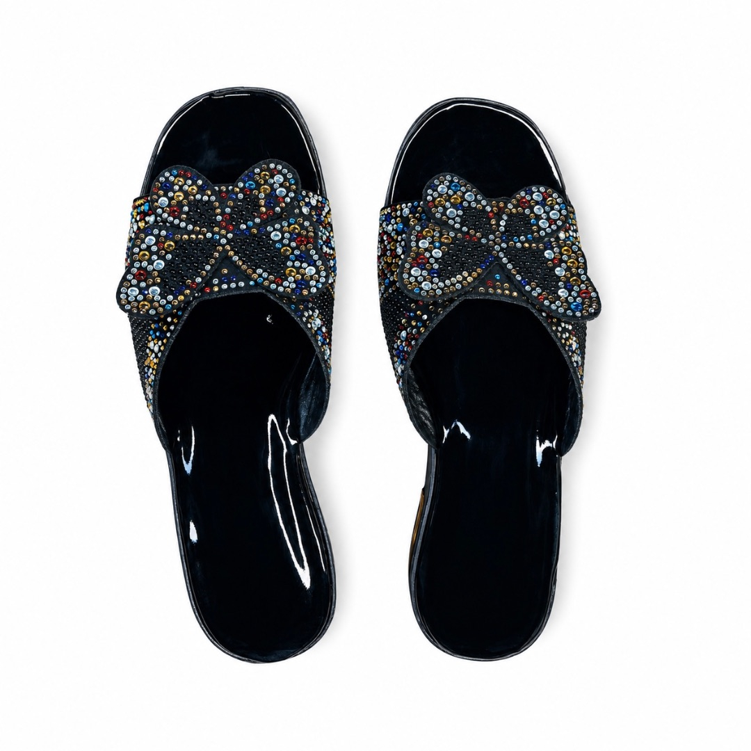 Black Patent Leather Multicolor Rhinestone Butterfly Slide Sandals