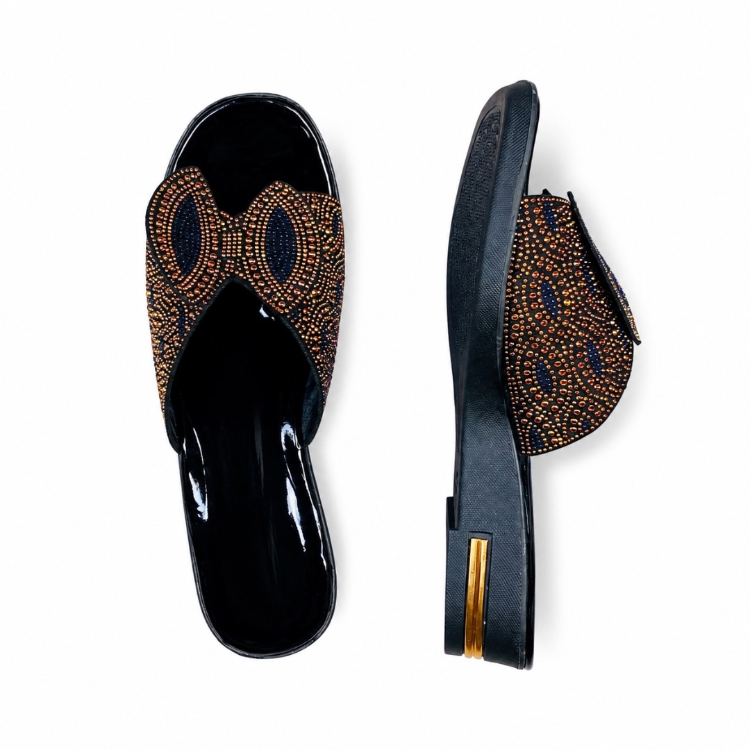 Black Patent Leather Bronze and Blue Crystal Mesh Flat Slide Sandals