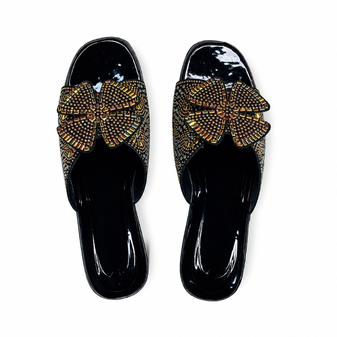 Womens Black Wedge Slide Sandals with Multicolor Rhinestone Embellishments