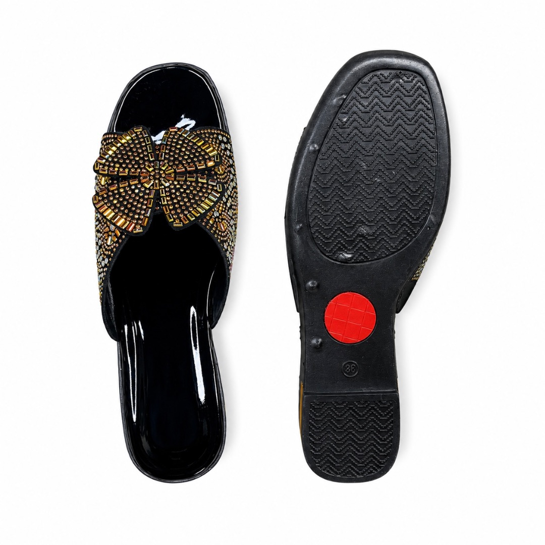 Womens Black Wedge Slide Sandals with Multicolor Rhinestone Embellishments
