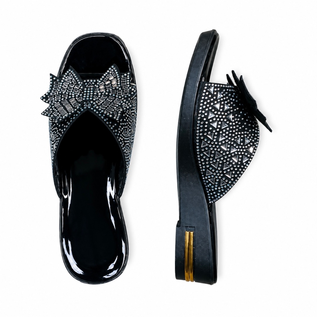 Womens Black Open Toe Slide Sandals with Silver Rhinestone Bow Embellishments