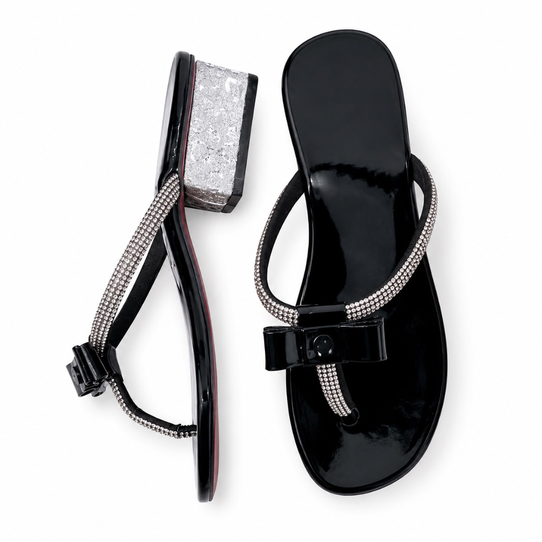 Womens Black Patent Leather Thong Sandals with Rhinestone Straps and Bow Accent