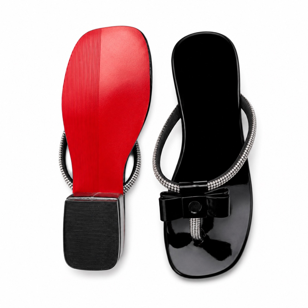 Womens Black Patent Leather Thong Sandals with Rhinestone Straps and Bow Accent