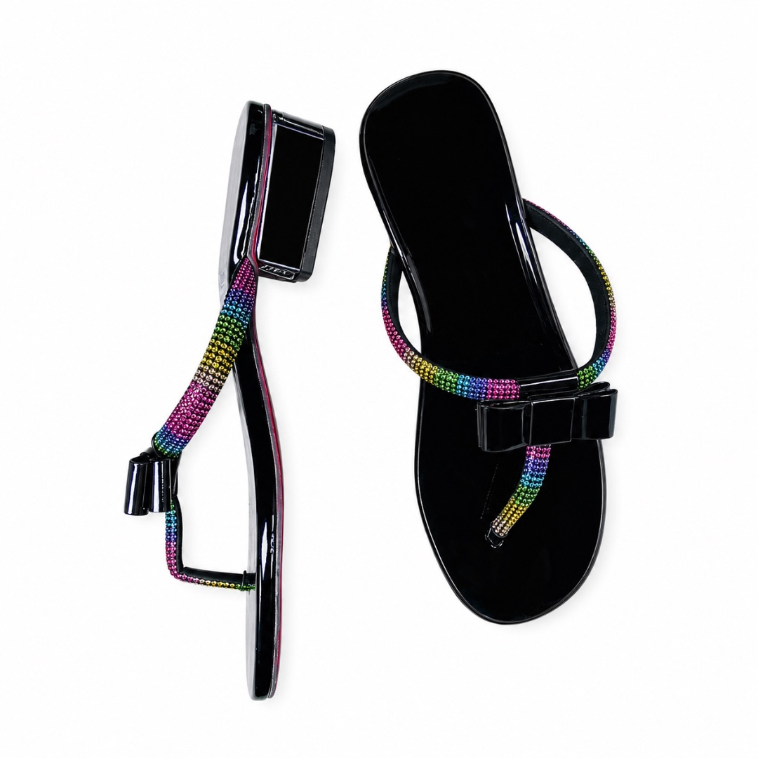 Womens Black Patent Leather Thong Sandals with Rainbow Rhinestone Straps and Bow Accent