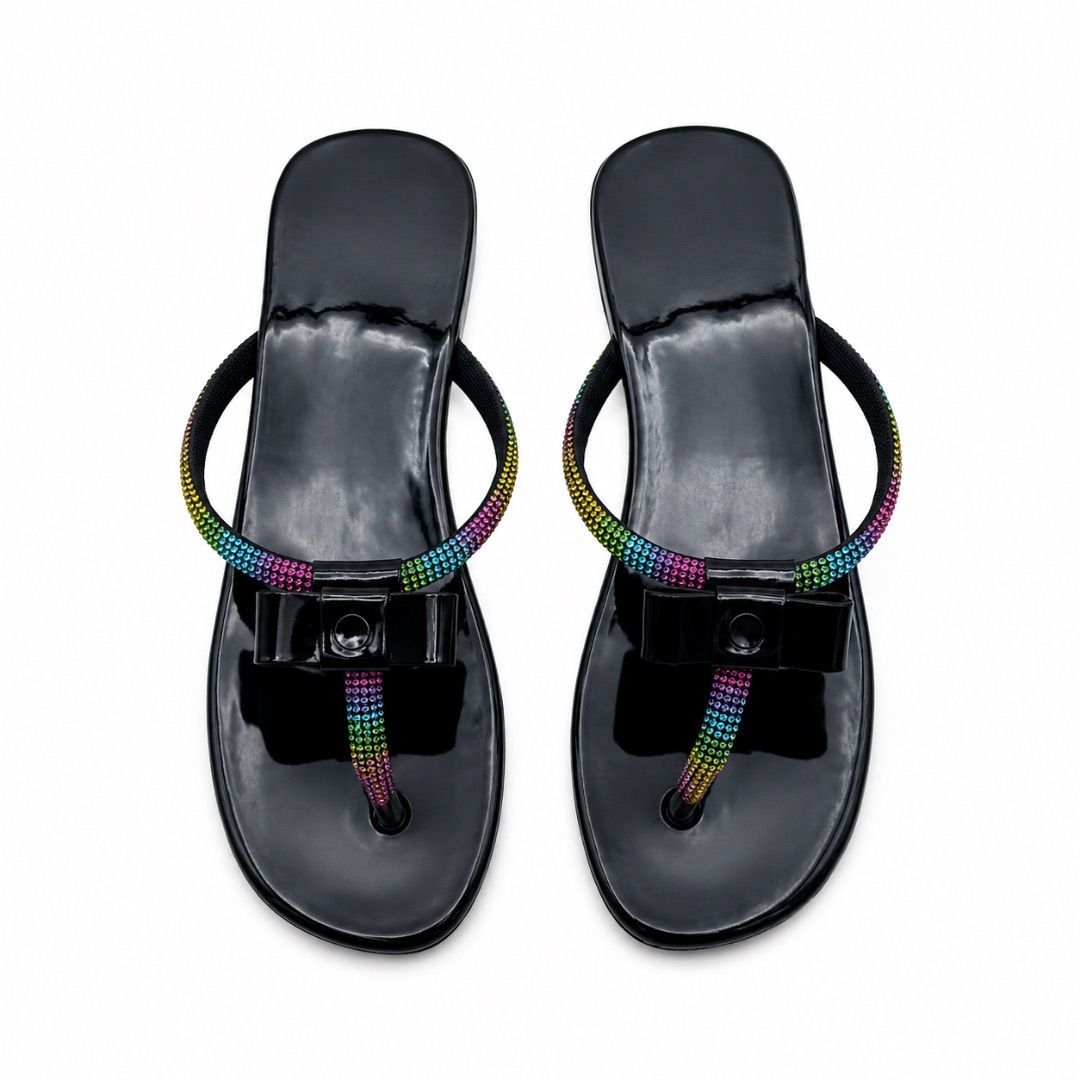 Womens Black Patent Leather Thong Sandals with Rainbow Rhinestone Straps and Bow Accent