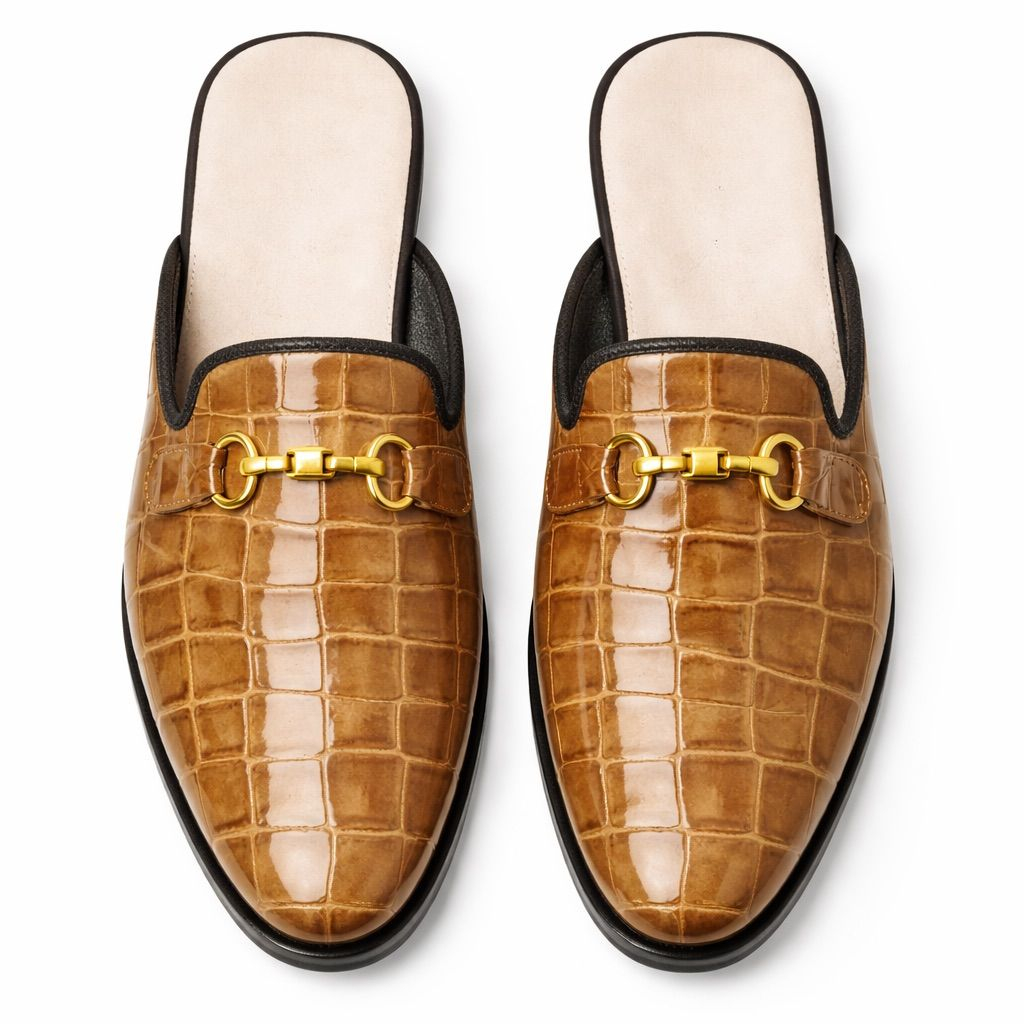 Glossy Croc Embossed Horsebit Backless Loafers   Tan Brown