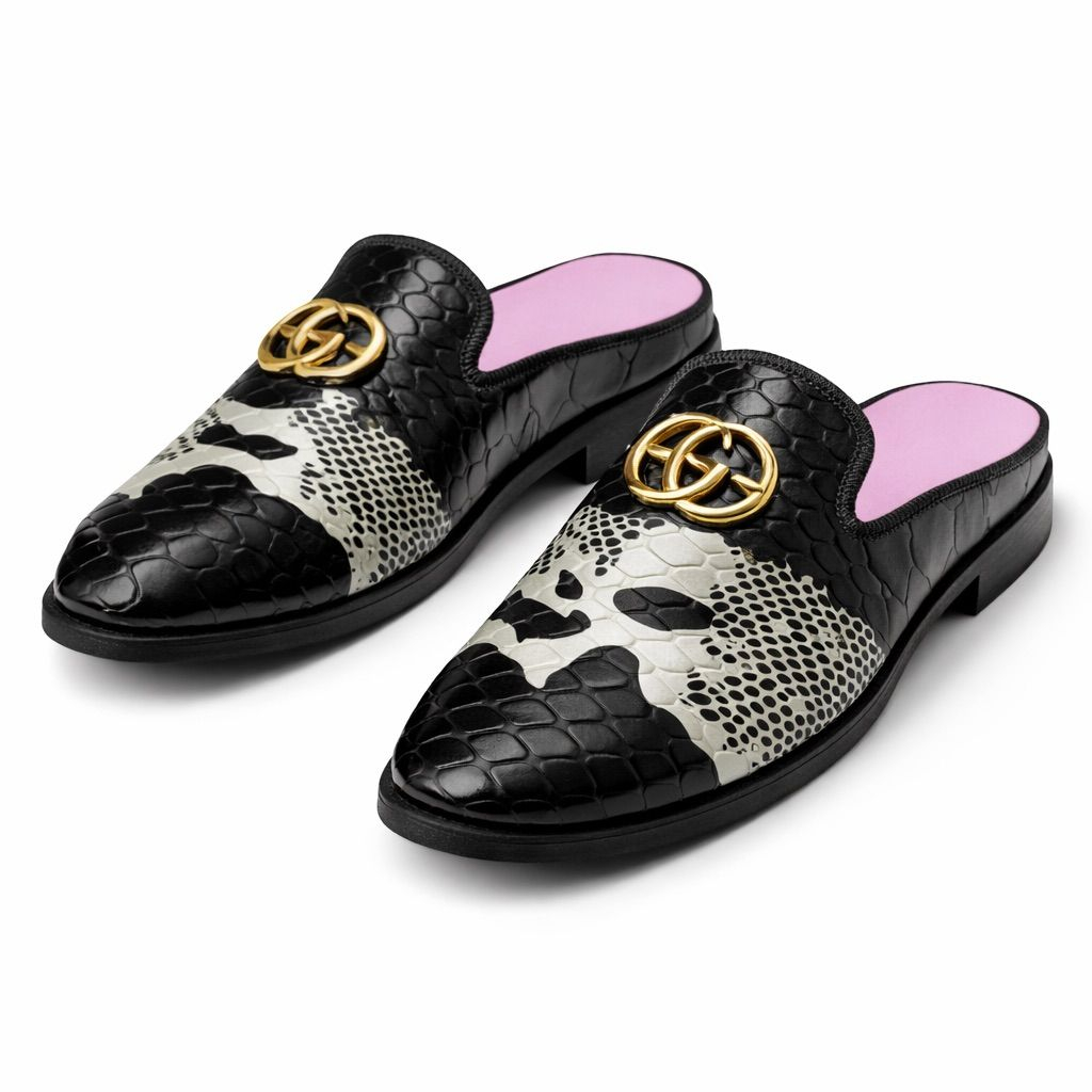 Snakeskin Pattern Croc Embossed Horsebit Backless Loafers    Black and White