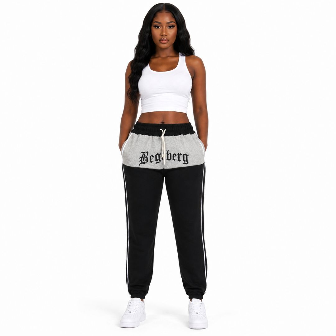 Unisex Black and Grey Panel Jogger Pants with Side Stripe  and  Drawstring Waist