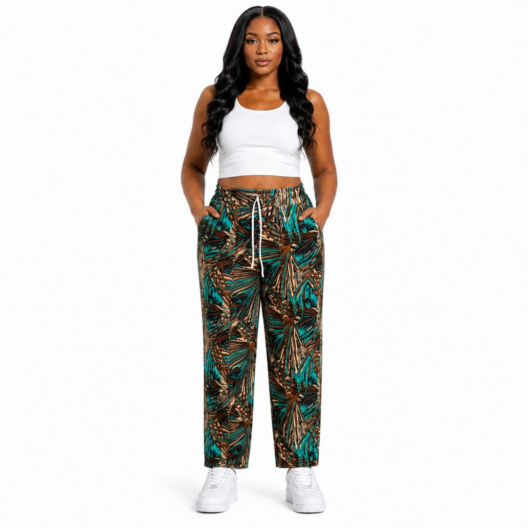 Unisex Tropical Leaf Print Jogger Pants with  Drawstring Waist