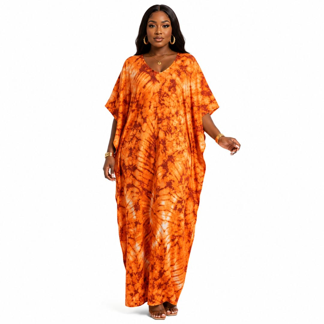 Vibrant Orange Tie Dye Maxi Kaftan Dress