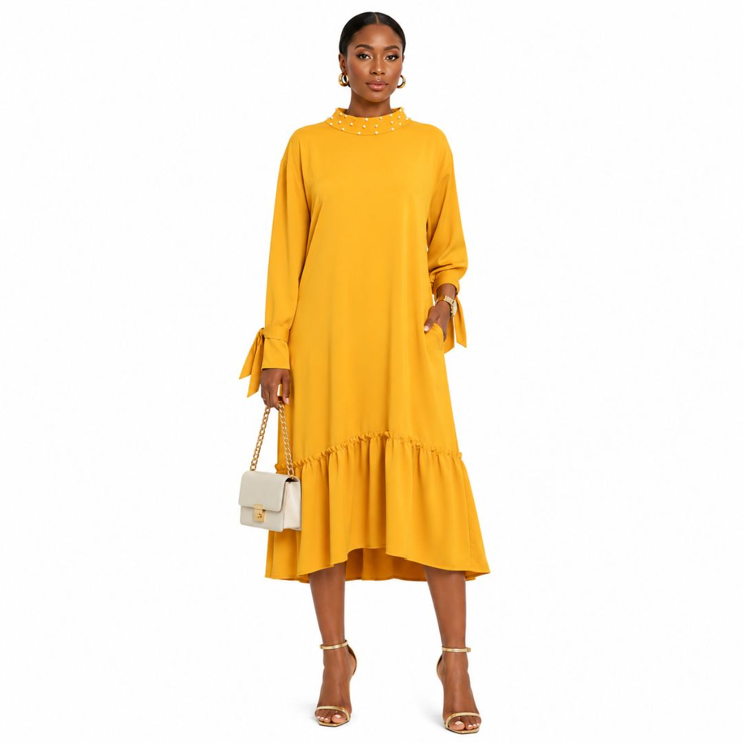 Yellow LongSleeve Dress with Pearl Neckline