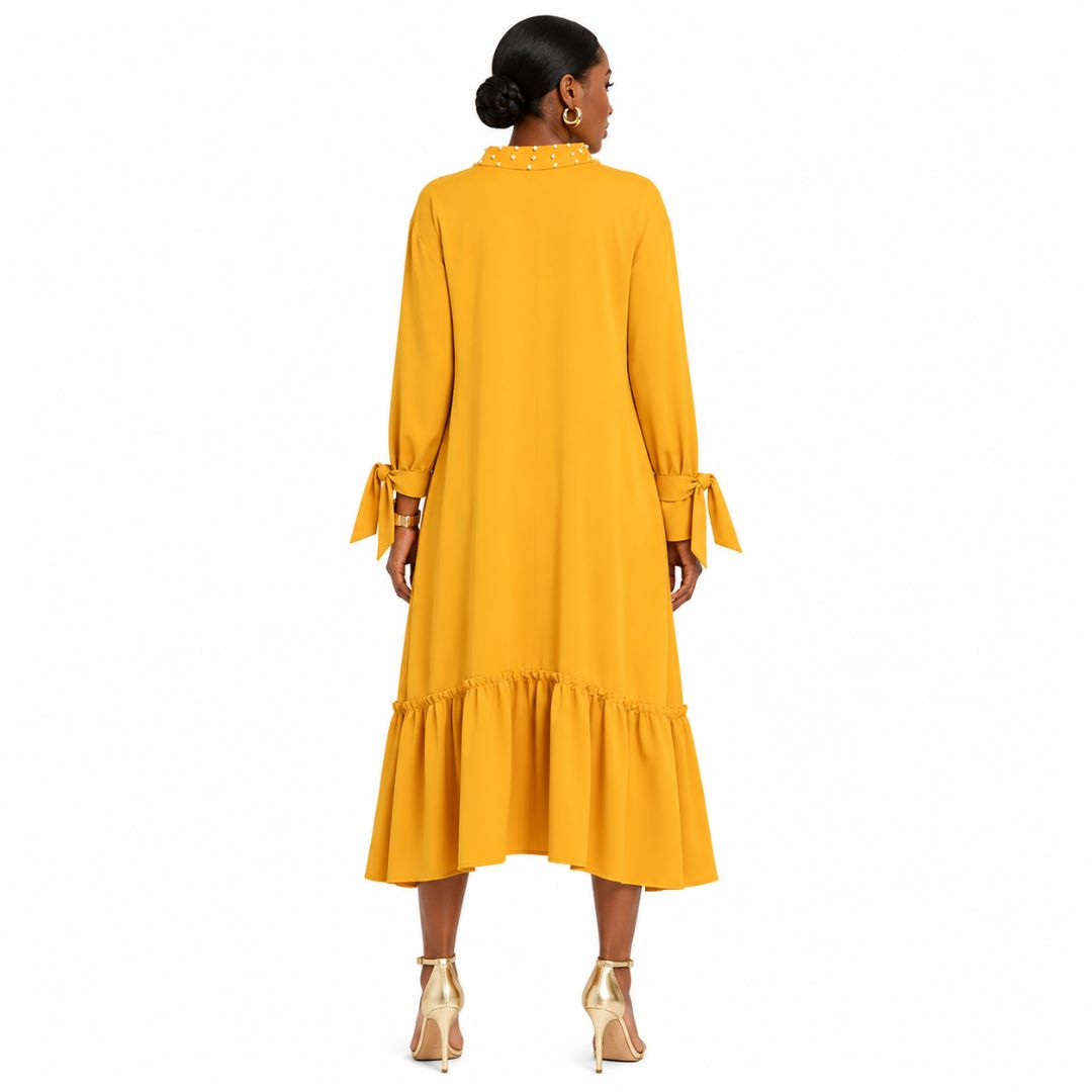 Yellow LongSleeve Dress with Pearl Neckline