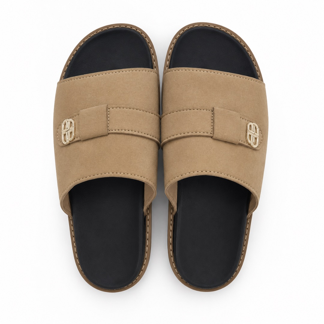 Mens Tan Suede Finish Buckle Slide Sandals