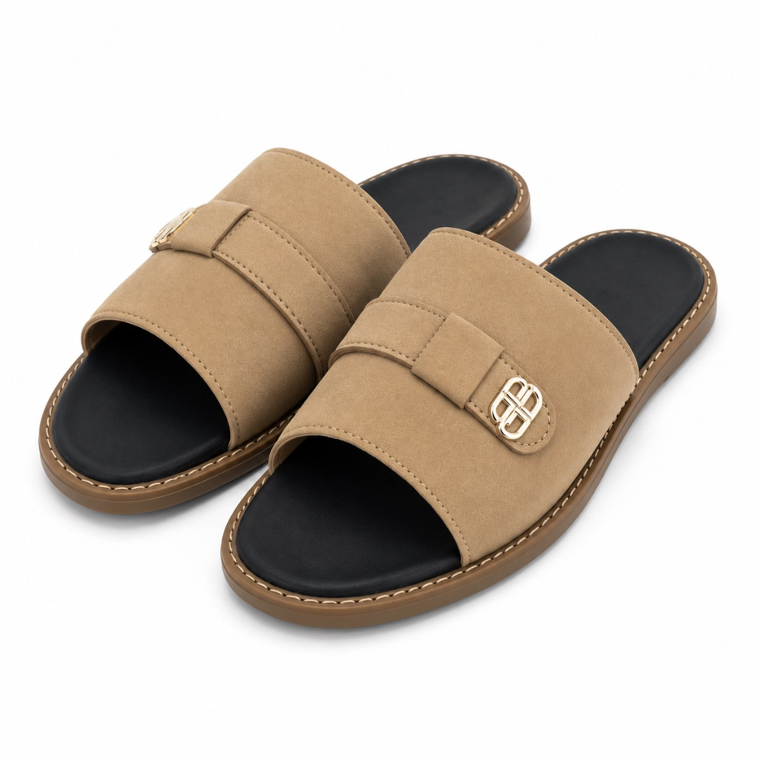 Mens Tan Suede Finish Buckle Slide Sandals