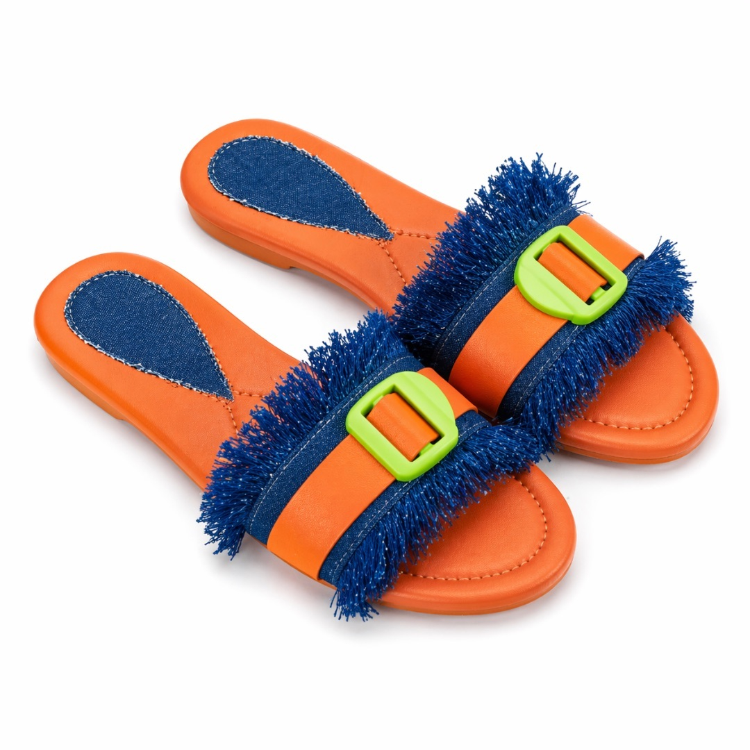 Womens Orange Fringe Slide Sandals  with  Neon Green Buckle