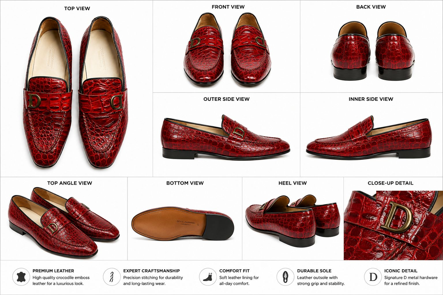 Red Croc Embossed Leather Loafers