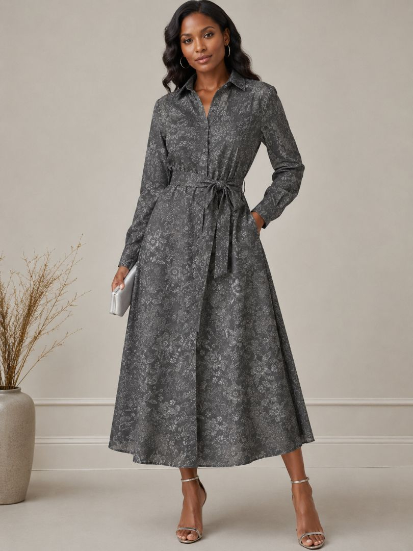 Charcoal Grey Floral Jacquard Tulle Fabric