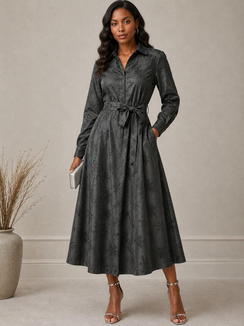 Deep Charcoal Black Jacquard Fabric with Subtle Floral and Swirl Pattern