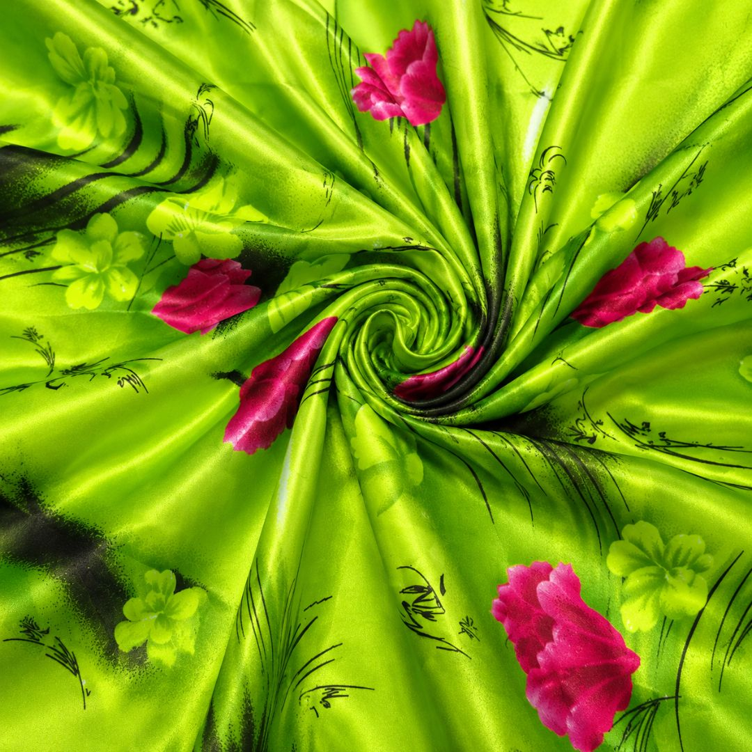 Bright Green Floral Print Satin Fabric