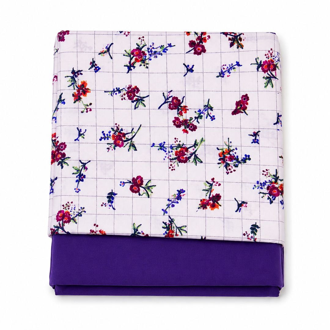 Purple Floral Grid Print Fabric Set