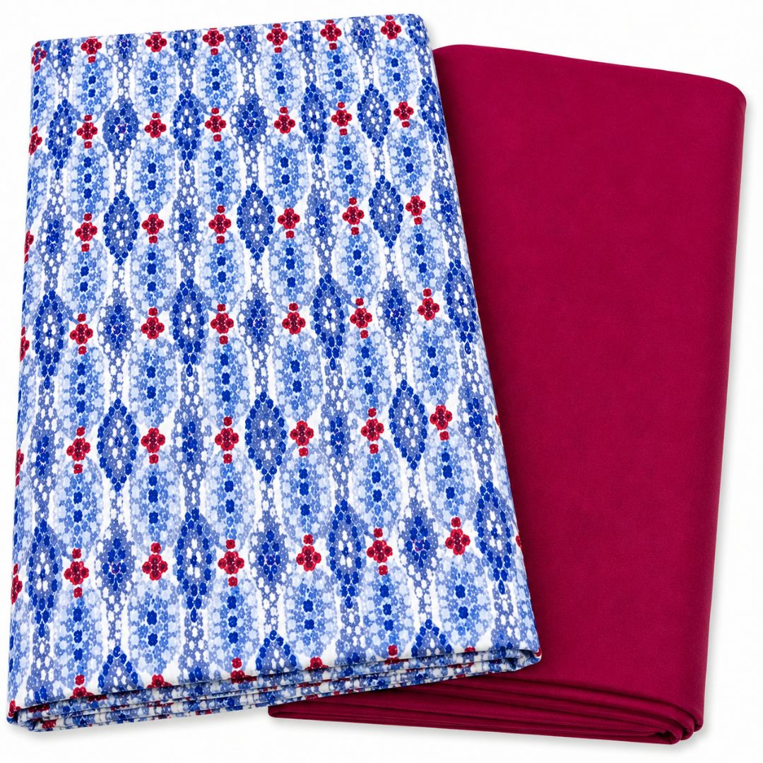 Blue Geometric Floral Print Fabric Set with Magenta Plain Fabric