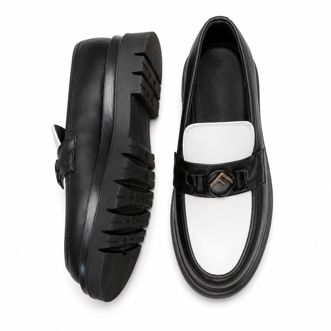 Mens Black and White Loafers with Decorative Buckle