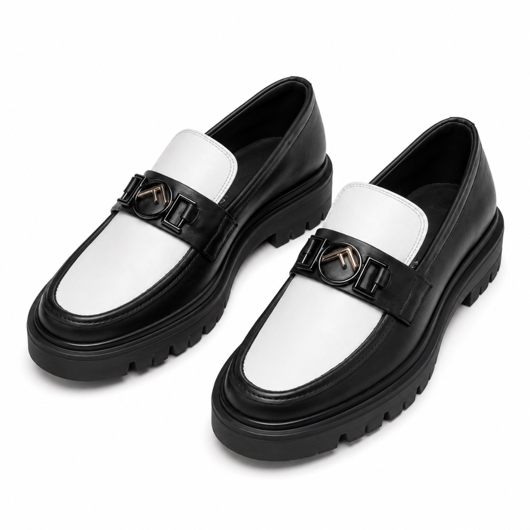 Mens Black and White Loafers with Decorative Buckle