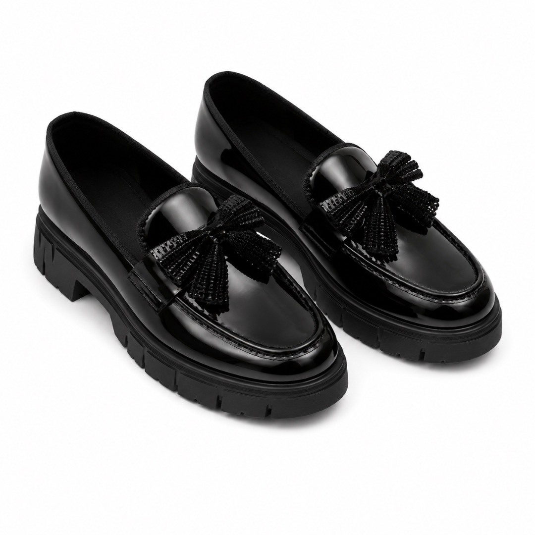 Mens Black Patent Leather Slip On Loafers with Bow Detail