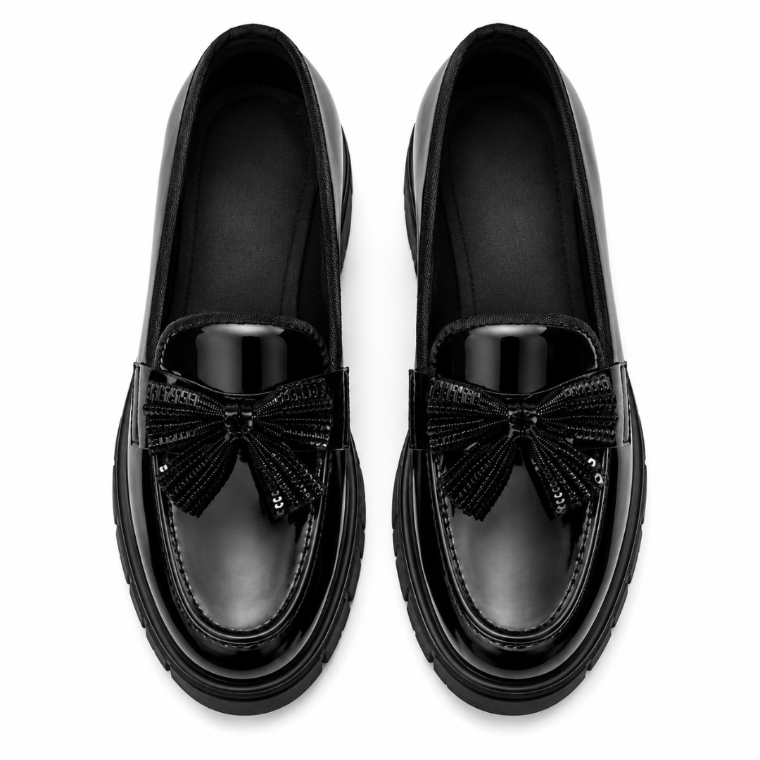 Mens Black Patent Leather Slip On Loafers with Bow Detail