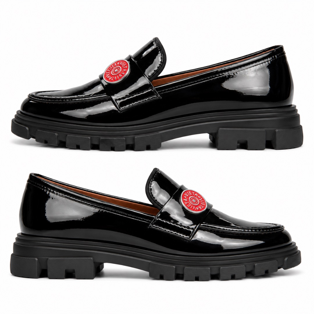 Mens Black Patent Leather Slip On Loafers with Red Circular Detailing