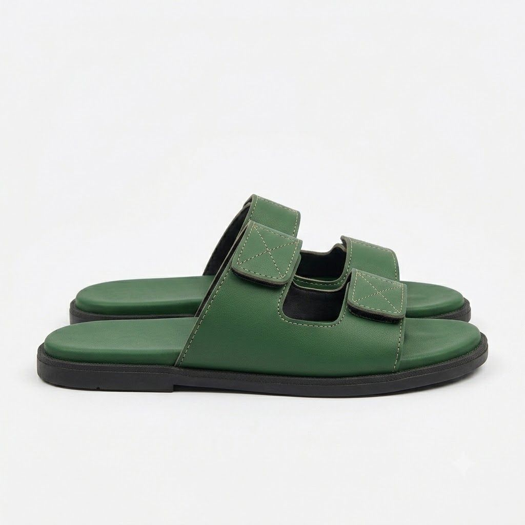 Mens Green Double Strap Comfort Slide Sandals