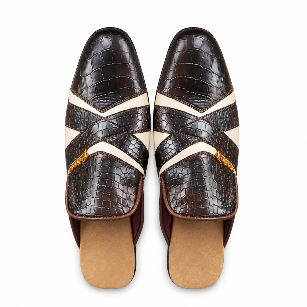 Croc Texture Cross Strap Slip On Mule Loafers     Brown and Cream